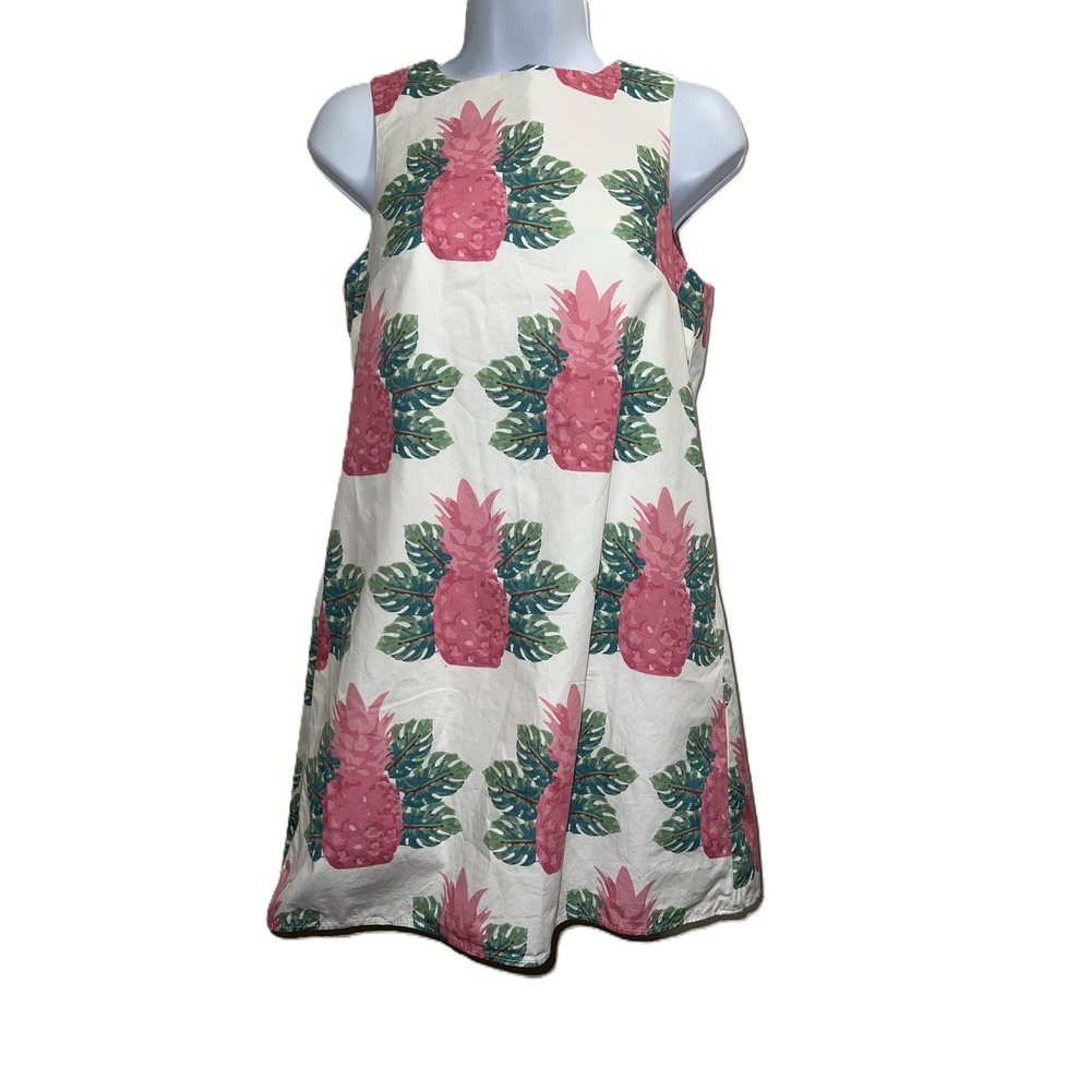 Katie Kime "Spring Pineapples" Sleeveless Shift Dress White Pink Green Size 2